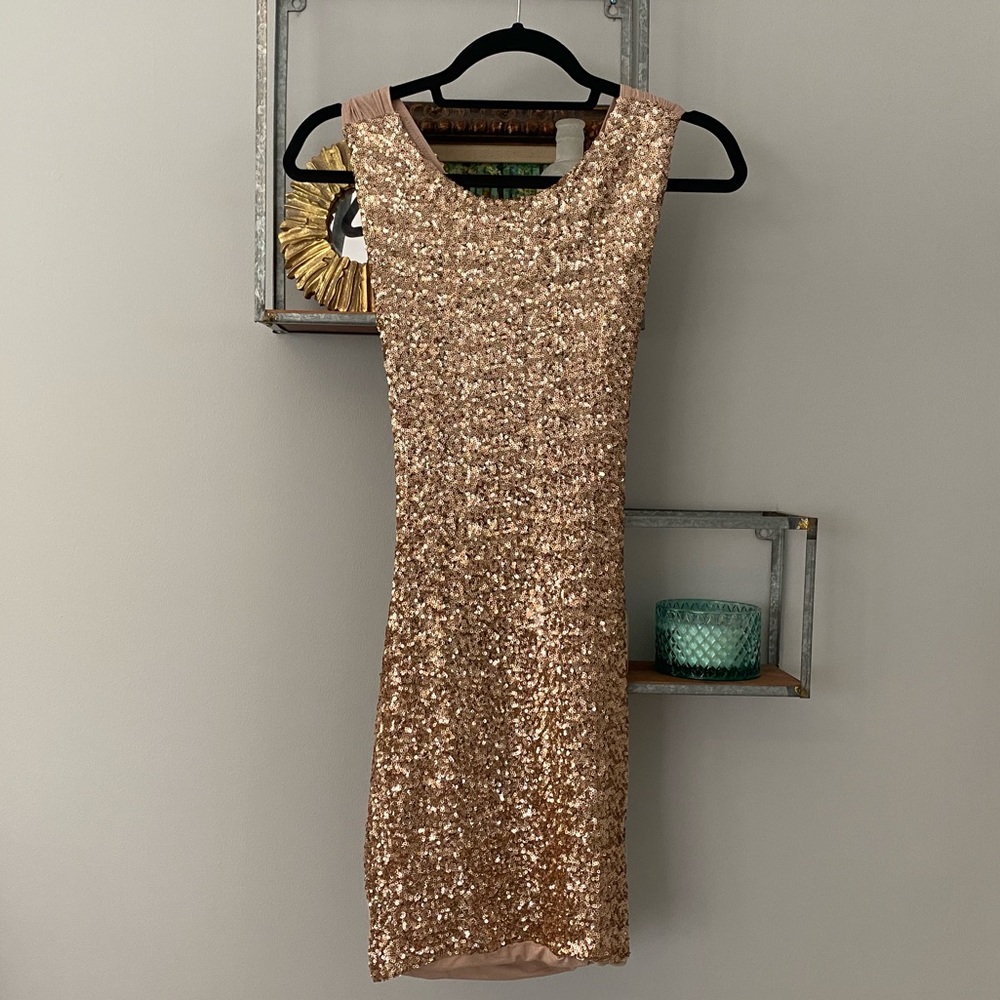 Gold Sequin Mini Dress with Low Criss-Cross Back